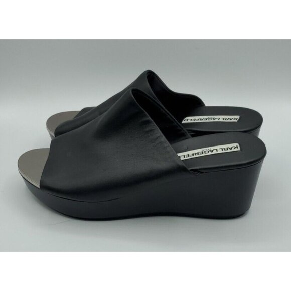 Karl Lagerfeld 'Lyric' 38.5 Black Leather Slide Wedge Platform 8 Sandals NWOB - Picture 4 of 14